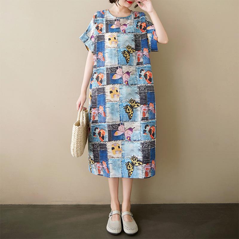 Real Shot Summer New Fat Mm Cotton and Linen Retro Flower Literary Over The Knee Medium and Long Dress Women