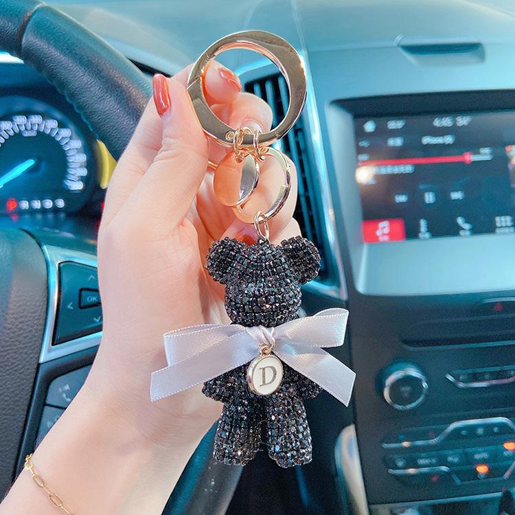 Luxury Jewelry Full Rhinestones Bear Car Key Chain Creative Letter Big Button Key Chains Bag Pendant Doll  Party Gifts For Women