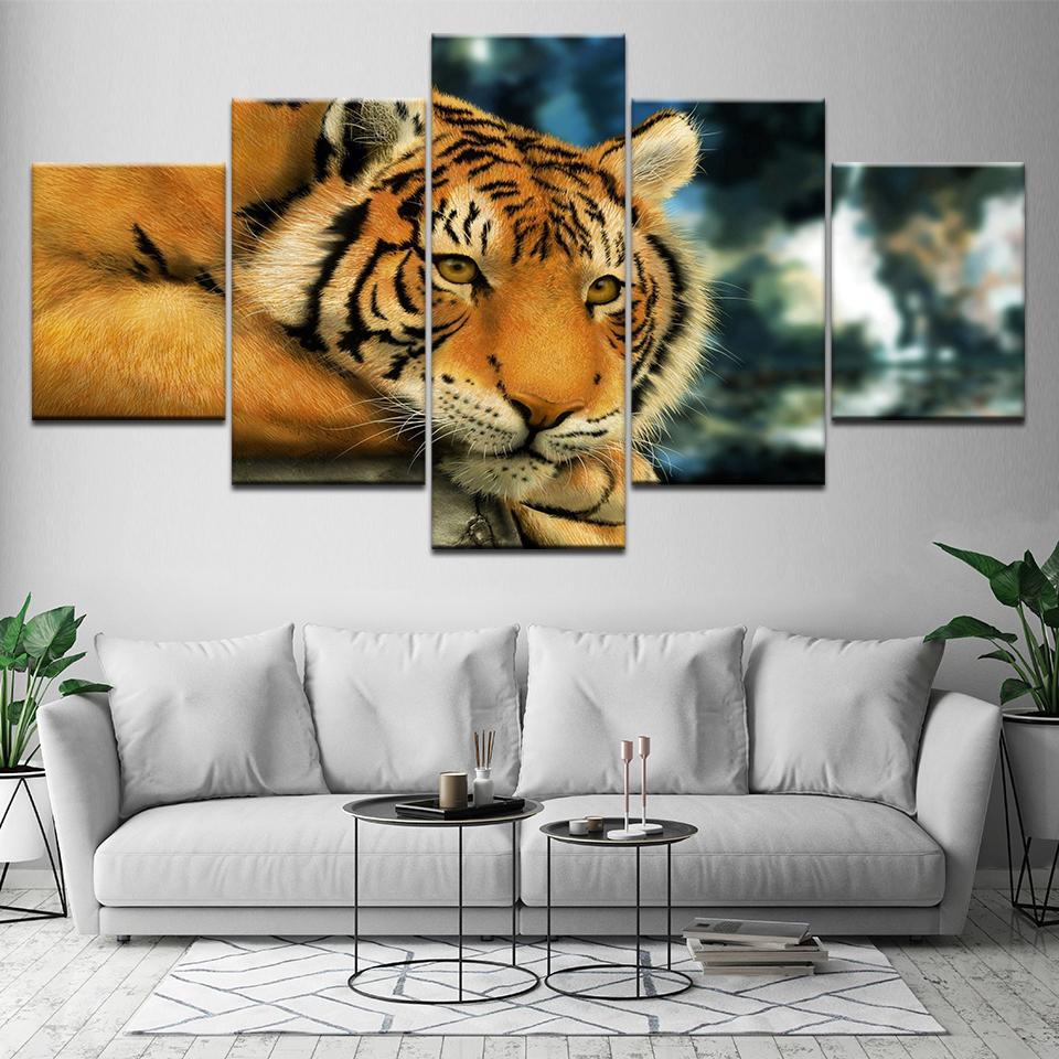 A Lying Tiger Animal Poster 5 Piece Wallpapers Art Canvas Print Modern Poster Modular Art Painting for Living Room Home Decor