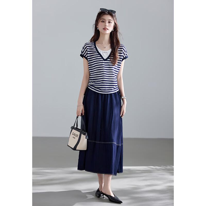 VICTORIA&VERA Striped Faux Two-Piece T-Shirt and Skirt Set