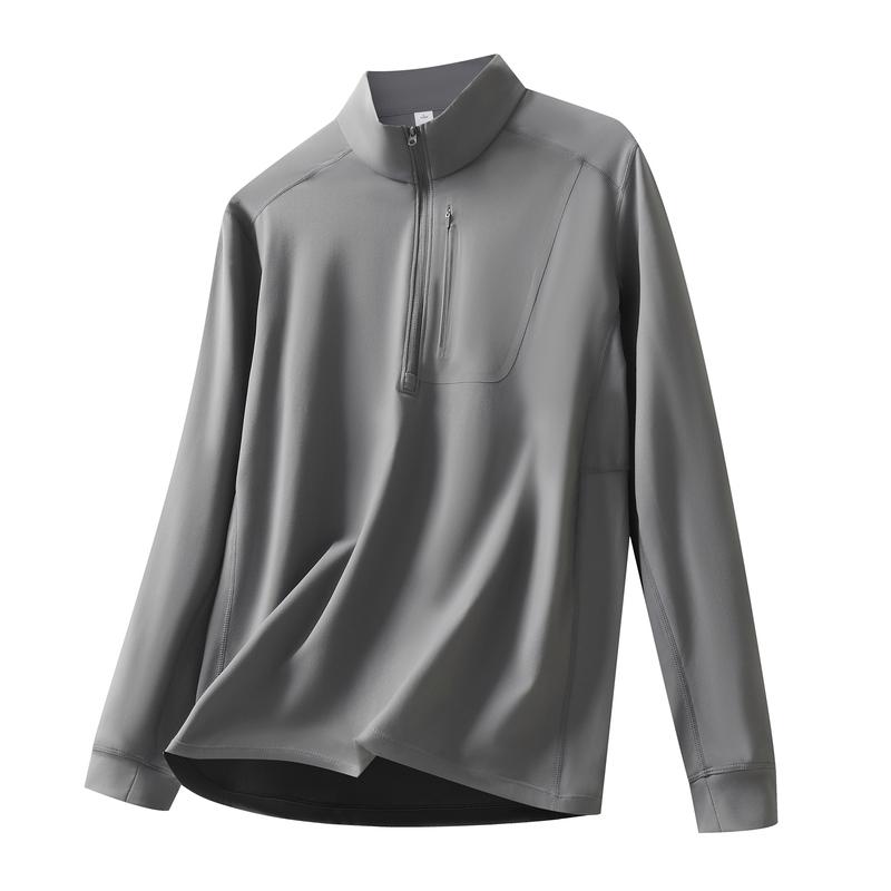 Men's Light Grey Quarter Zip Stand Collar Top, Casual Long Sleeve Quick Dry Shirt for Daily Wear