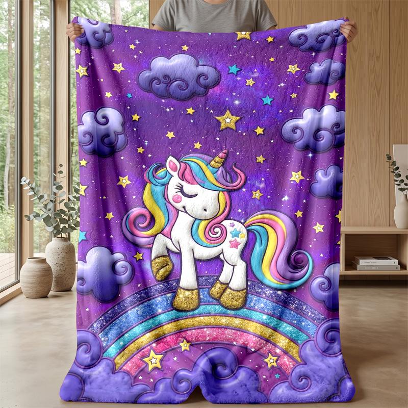 Unicorn Rainbow Stars Theme Blanket Lightweight Warm Flannel Blanket Decorative Throw Blanket for Home Decoration