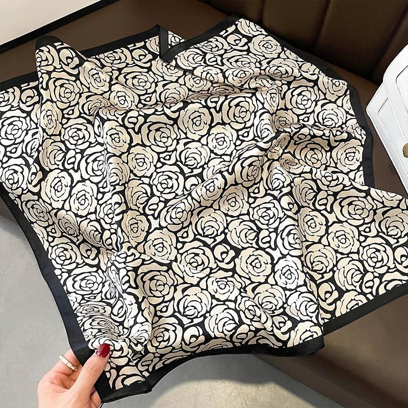 100% Pure Silk Square Scarf Women Black White Camellia Print 68x68cm Lightweight Elegant Wrap Office Casual Wear