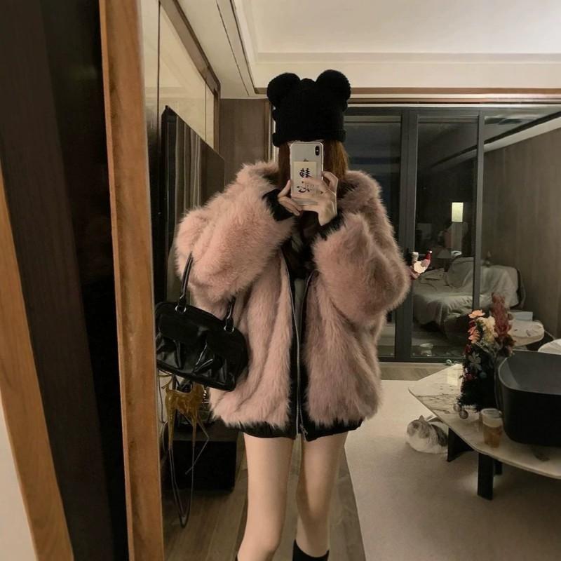 Womens Thick Winter Hooded Parka With Faux Fur Trim Detachable Cat Ear Hood Loose Fit Warm Cotton Coat In Black Blue