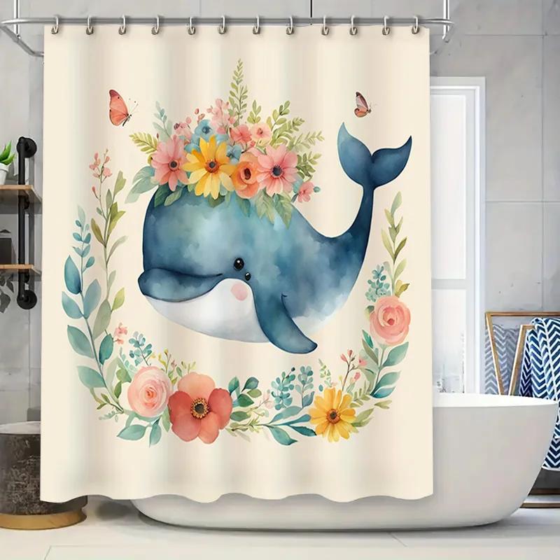 

Blue Whale Shower CurtainFloral Butterfly Design for Bathroom Decoration Watercolor Blue Whale Bathing Room Curtain with Orange W90xH180cm