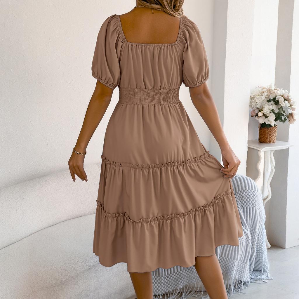 Women's Fashion Color Square Neck Short Sleeve Black Fungus Edge Large Skirt Loose Dress