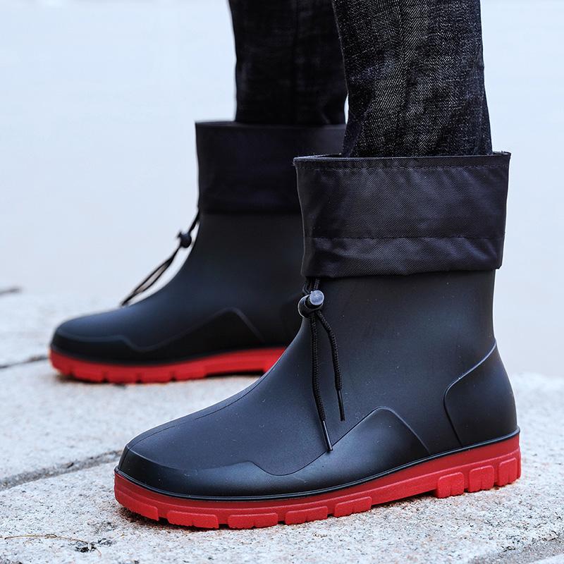 Men's Rain Boots Closed Rainproof Waterproof Medium Short Anti Slip Drawstring Rubber Boots Male Durable Garden Work Shoes