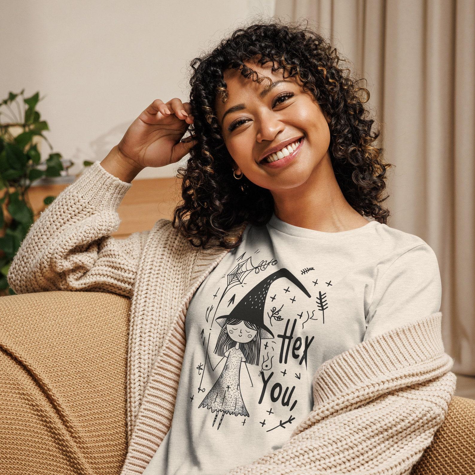 Women s Relaxed T-Shirt Hex You Witch T-Shirt - Cute Witch Graphic Tee - Fun Halloween Lover Shirt S