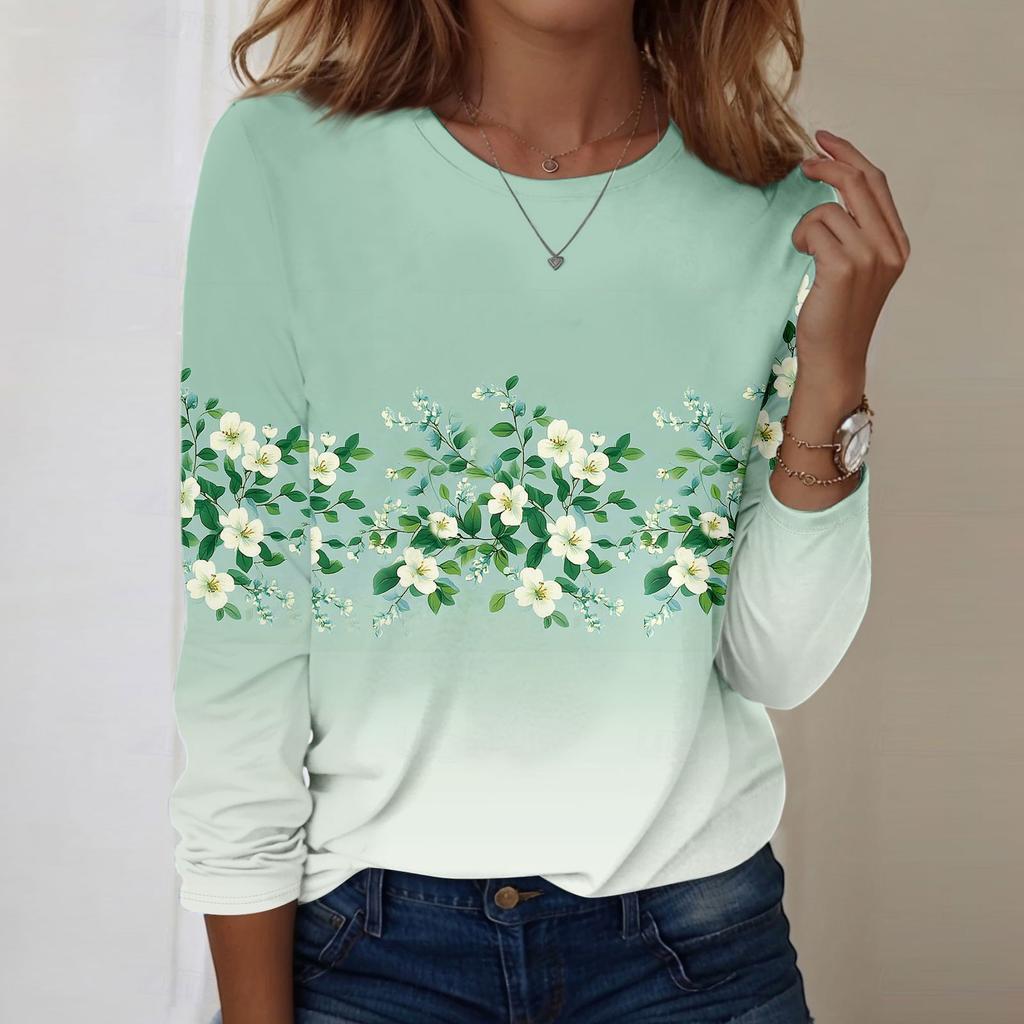 Koszule damskie z długim rękawem Śliczne nadruki Koszulki z nadrukami Bluzki Casual Plus Size Podstawowe topy Pulowery