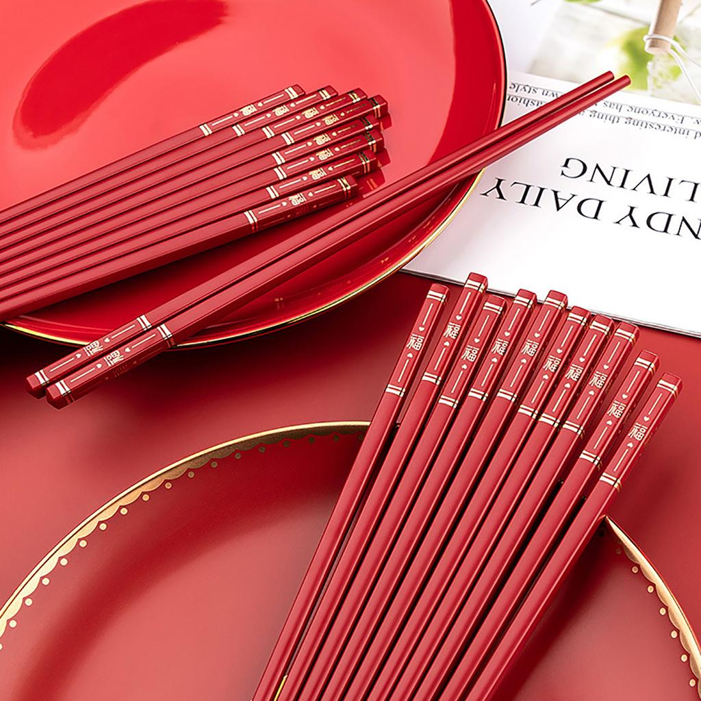 5Pairs Red Festival Chopsticks Set Anti Slip Sushi Chopstick Durable Chinese Style Alloy Chopsticks Easy To Clean Reusable