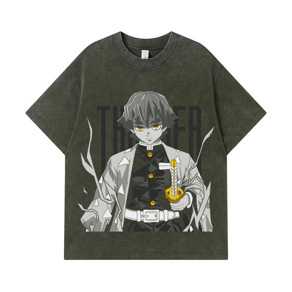 

275 GSM Washed T-shirts 100% Cotton Demon Slayer V67 Zenitsu Print Unisex Heavy Cotton T Shirt S армия зеленый