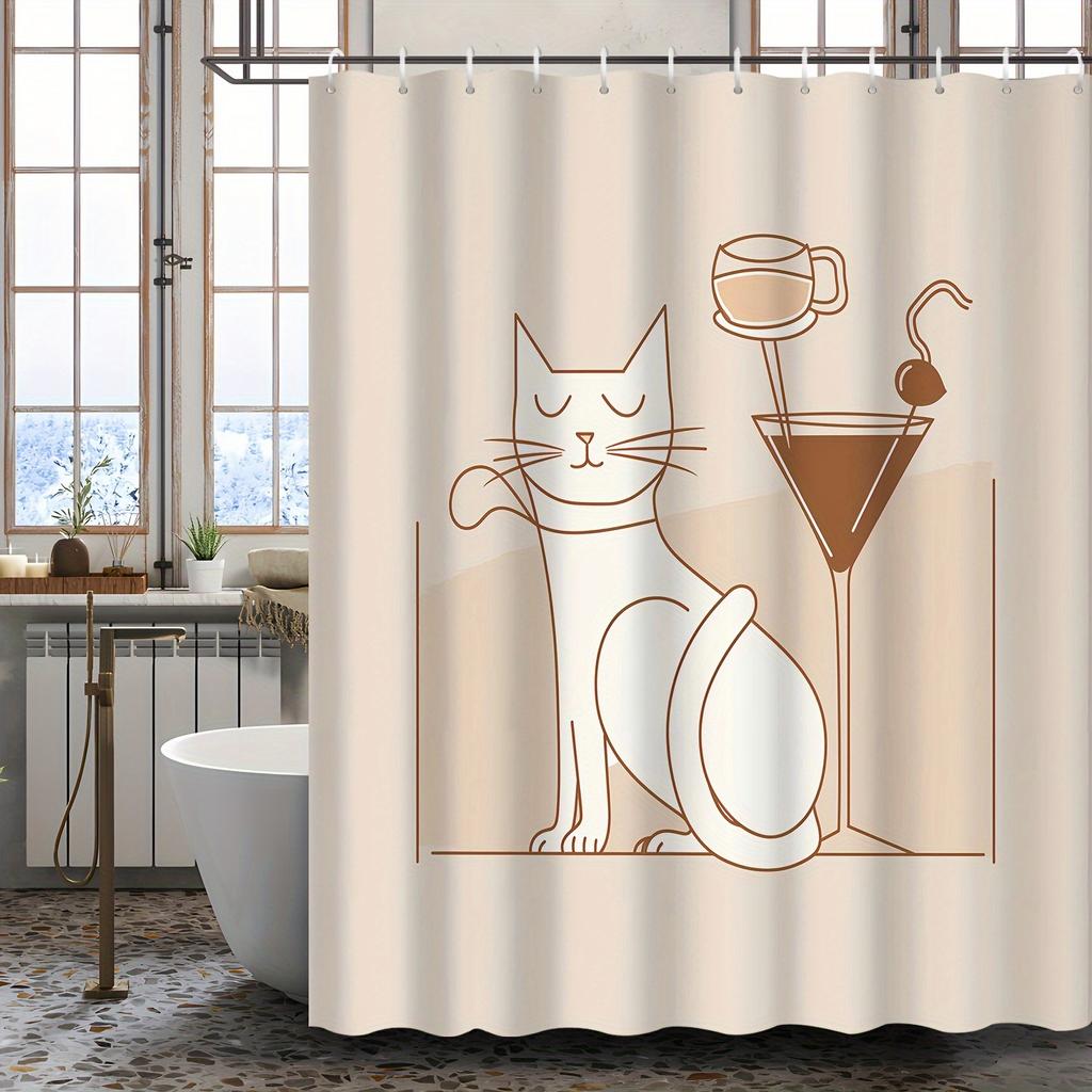 Water-Resistant Cartoon Cat & Drink Shower Curtain , Machine Washable Polyester with Hooks, Decorative Bath Accessory