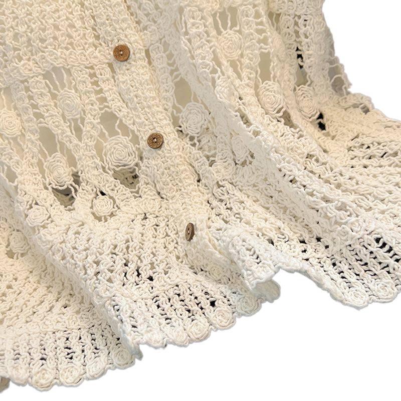Women's White Short Crochet Knit Cardigan with Batwing Sleeves - Summer 2026 Fashion.