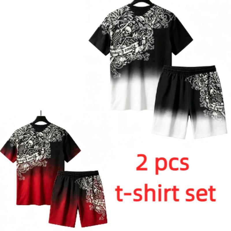 Summer European and American Street Kids Short Sleeved T-shirt Shorts Set 3D Letter Skull Print Boy's and Girl's Loose Casual Sports Suit