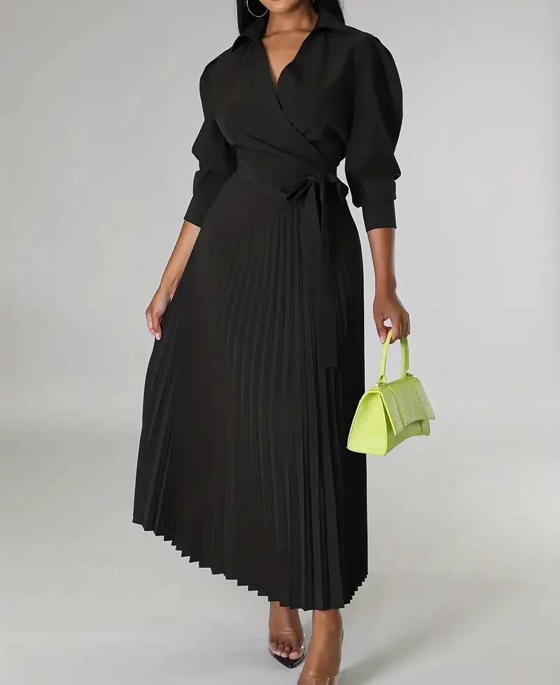 Women s V Neck Puff Sleeve Pleated Maxi Dress with Waist Tie S