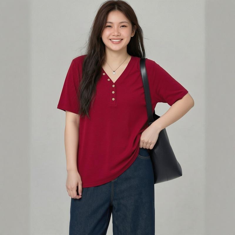Plus Size Women V Neck Short Sleeve T Shirt Slimming Top