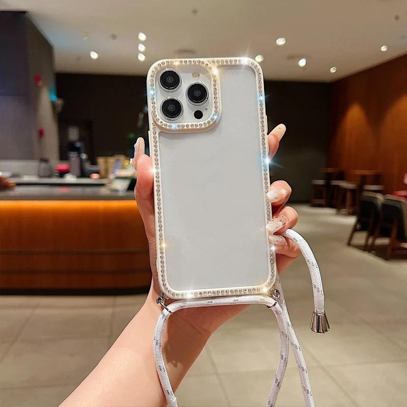 Diamond Glitter Crossbody Necklace Lanyard Case For iPhone 16 16E 11 12 13 14 15 Pro Max Plus Bling Transparent Soft Cover