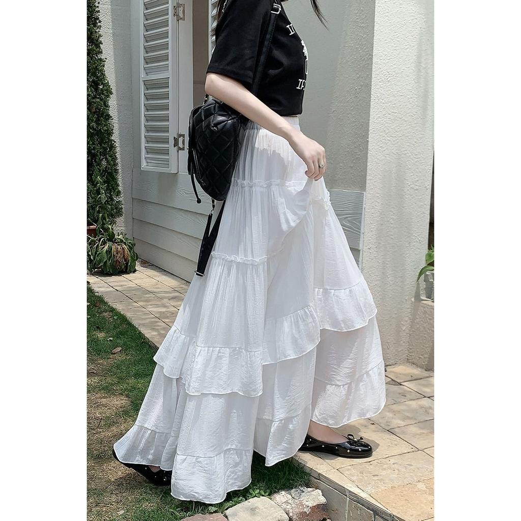White Tiered Ruffle Hem Skirt High Waist Flowy A-Line Maxi Skirt, Summer Chiffon Layered Skirt with Pleats