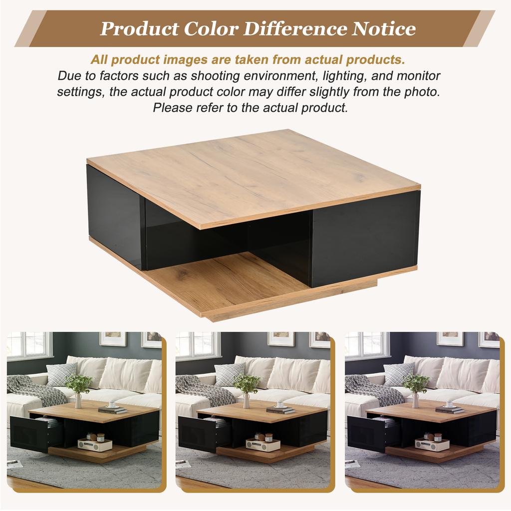 70 x 70 x 31.5cm Coffee Table with 3 Drawers, High-Gloss, Sofa/Side Table, Suitable for Small Rooms, Black + Original Wood Color