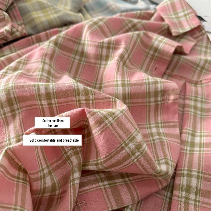 Women's American Retro Plaid Long-Sleeve Cotton-Linen Shirt Jacket