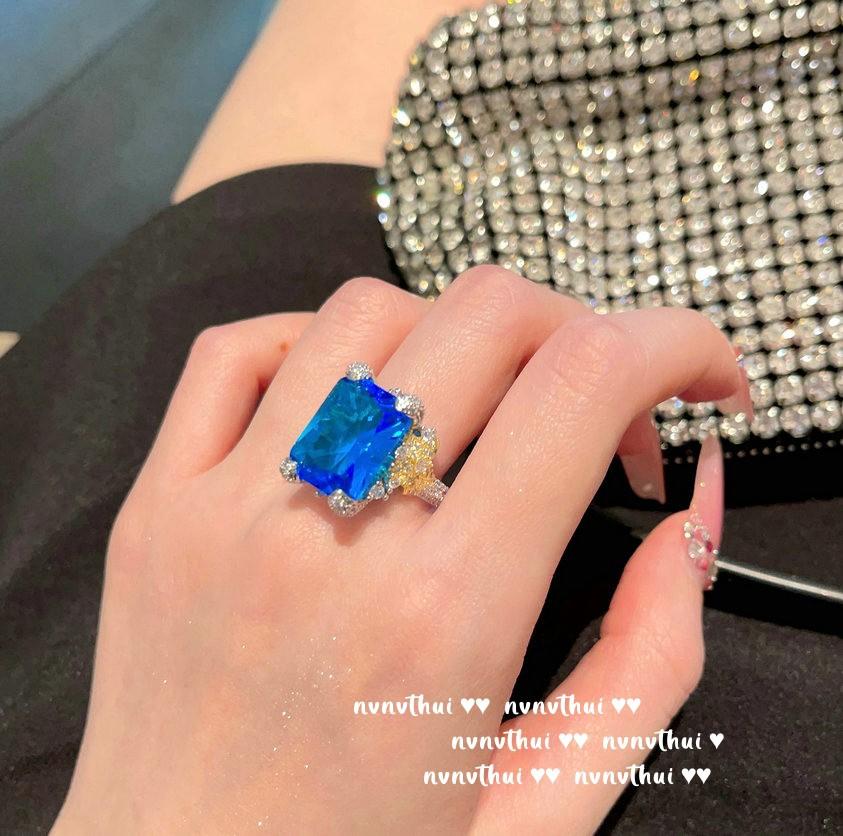 Madagascar Sapphire Ring, Rich Woman'S Happiness, Plated With 18K Gold, Water Blue Rectangular Zircon Ring.