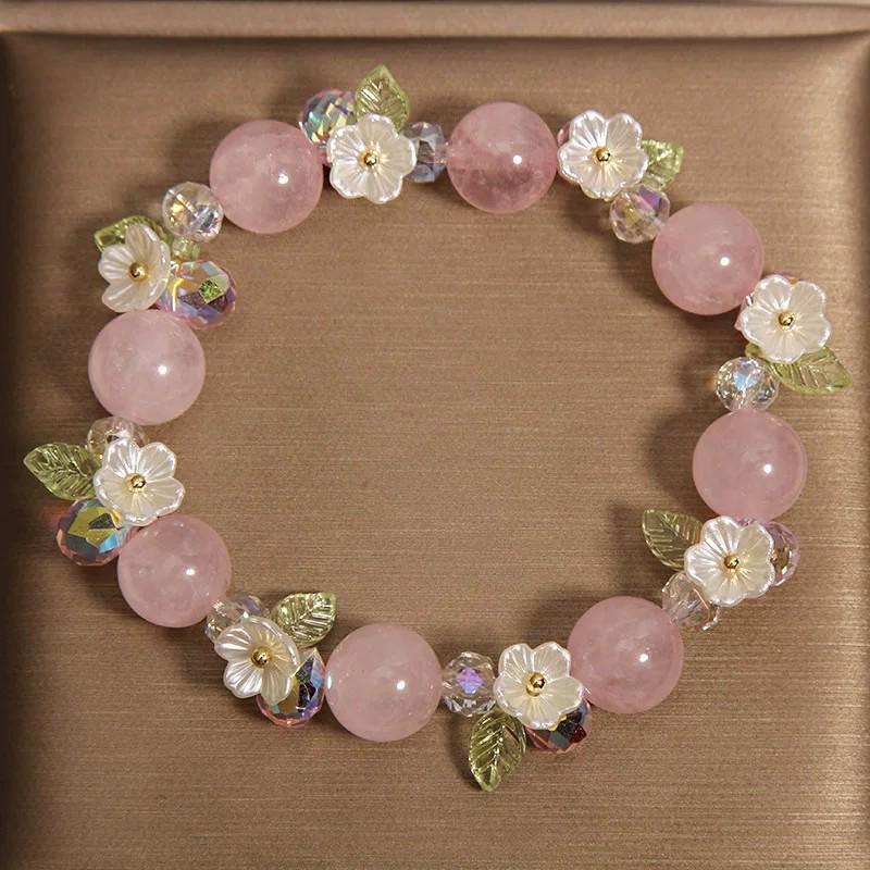 Bracelet Exquis en Cristal Fleur de Quartz Rose: Bijoux élégants et empilables pour femmes et étudiantes