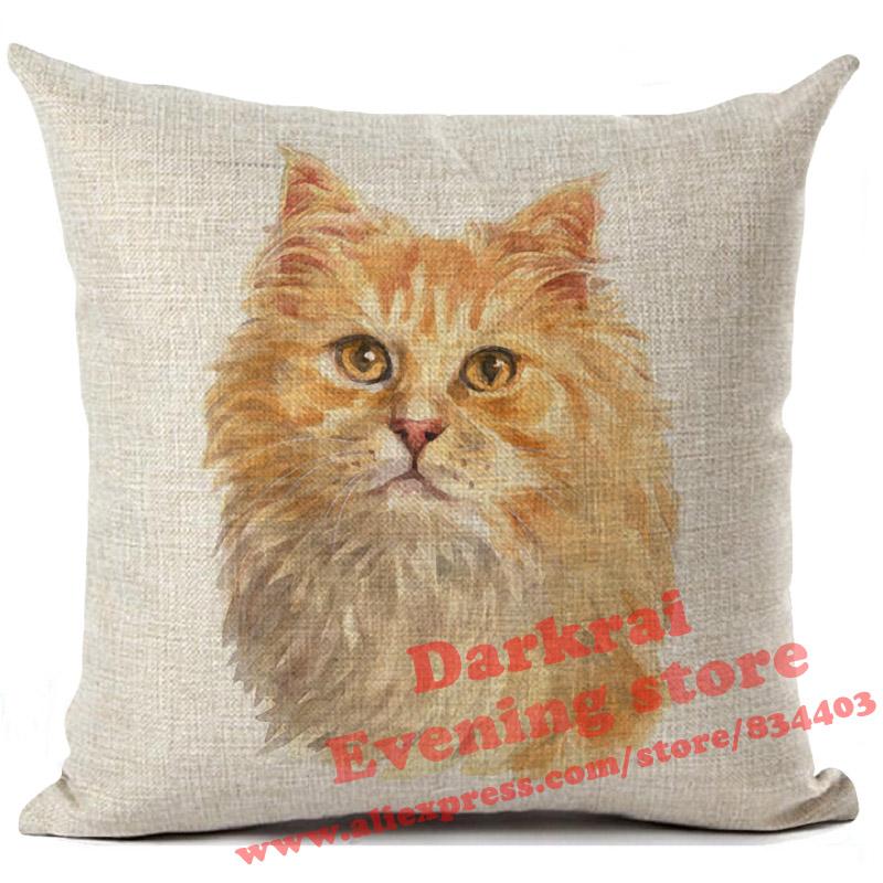 Cushion Cover Watercolor Cute Cat Printed Linen Pillow Cover Car Sofa Decorative Throw Pillows Home Decoration Pillowcase