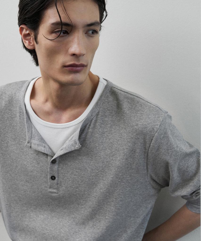 Beulleieo Double Layering Ribbed Henley Neck T-Shirt [M.Grey]