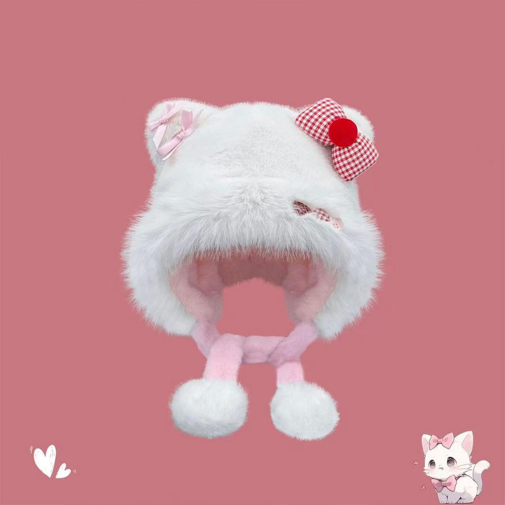 Cute Cat Ears Bow Plush Hat Women's Autumn and Winter Sweet Thickened Warm Cold Ear Protection Plush Lei Feng Hat
