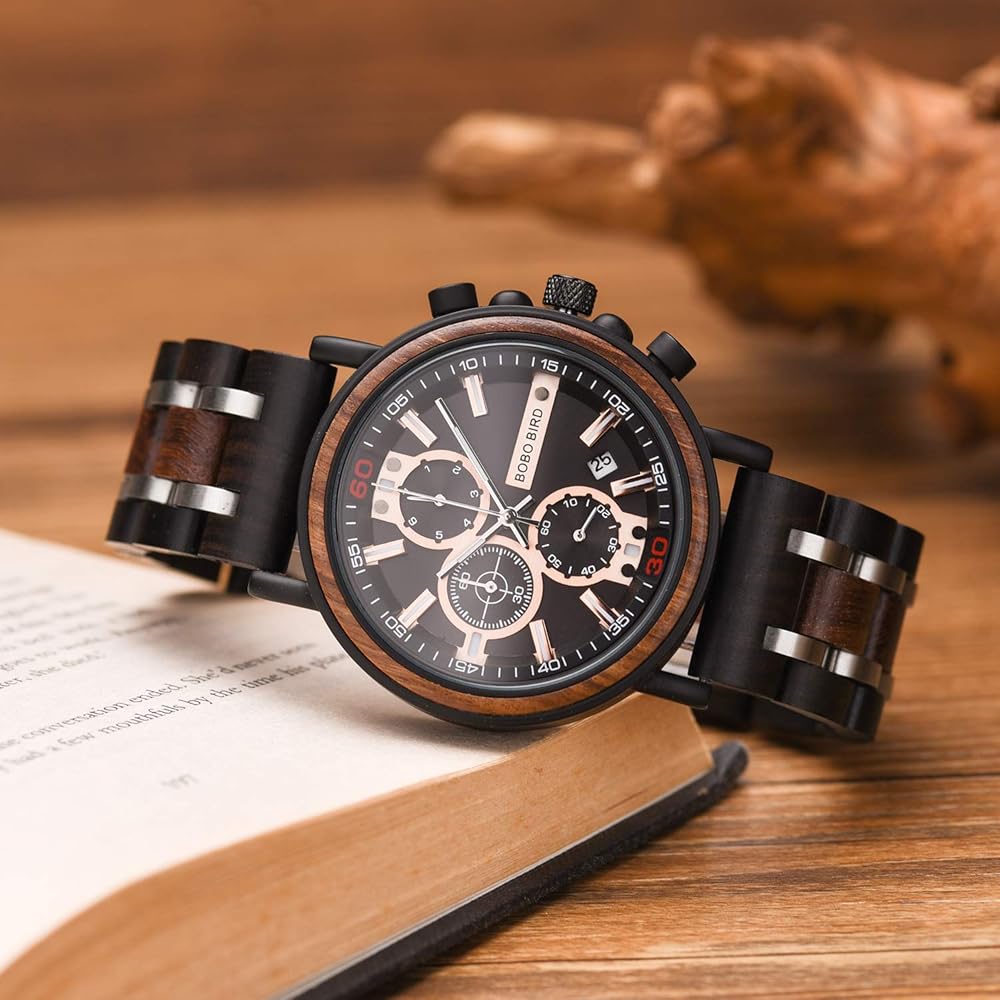Bobo Bird S18-1 Men's Stylish Wooden Watch Black Stainless Steel Chronograph Luminous Pointer 44mm Fashion Watch