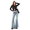 Light blue American retro heavy industry washing water low waist slightly pull versatile slim elastic horn jeans children