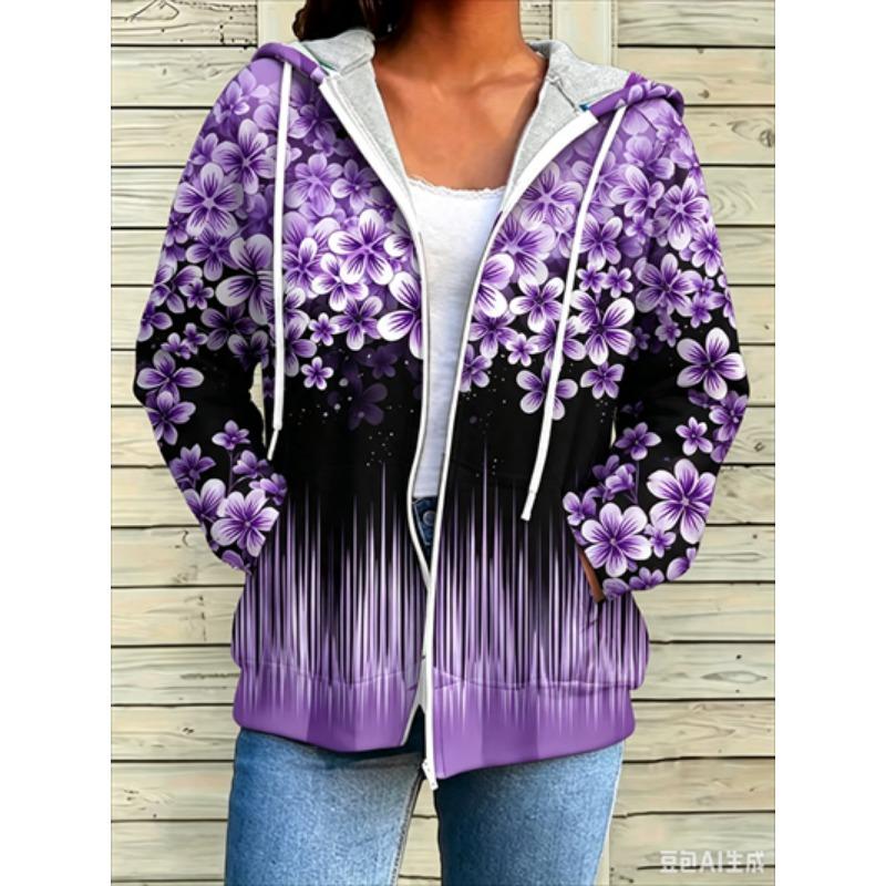 Felpa con cerniera, patchwork, alla moda, larga, casual da donna, stampa floreale, moda primavera ed estate