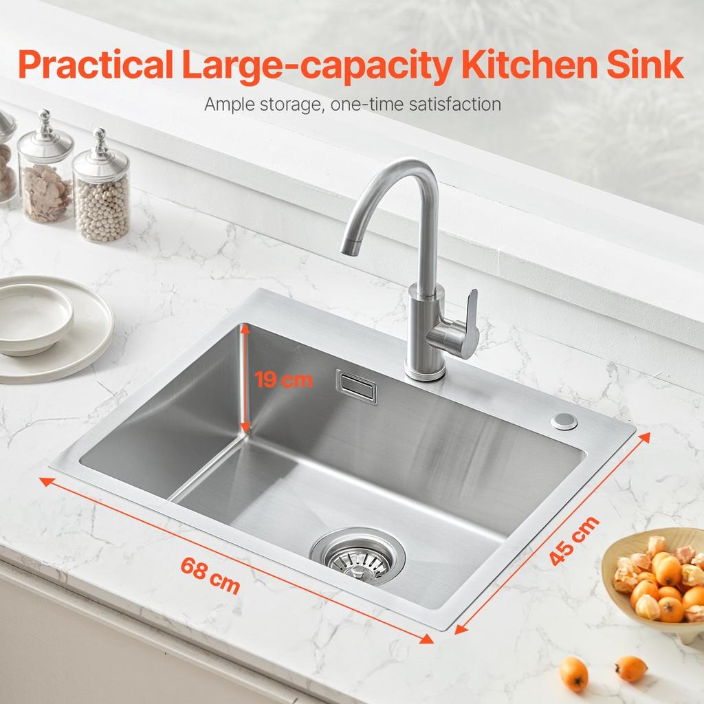 68cm Kitchen Sink Top Mount Single Bowl Drop-In Basin Stainless Steel Bar