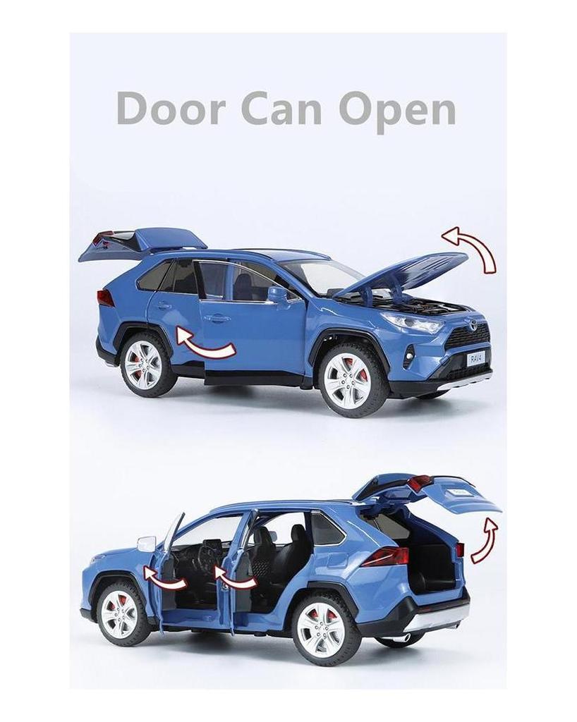 Model auta v měřítku 1/24 Toyota RAV 4 litý tlakový odlitek zpět s ovládáním klíče od auta Zvukové světlo Model Měřítko Auta Děti Kluci Hračky Dárky