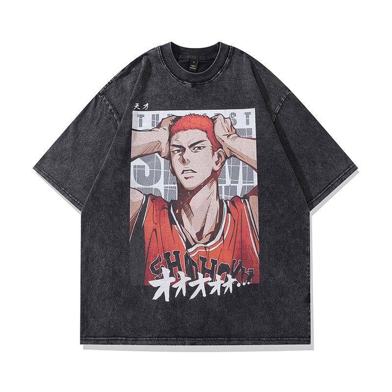 Japanese Cartoon Printed Hiphop Heavy Washed Old Short-Sleeved T-Shirt Men'S And Women'S Hip-Hop Retro Half-Sleeved Tee