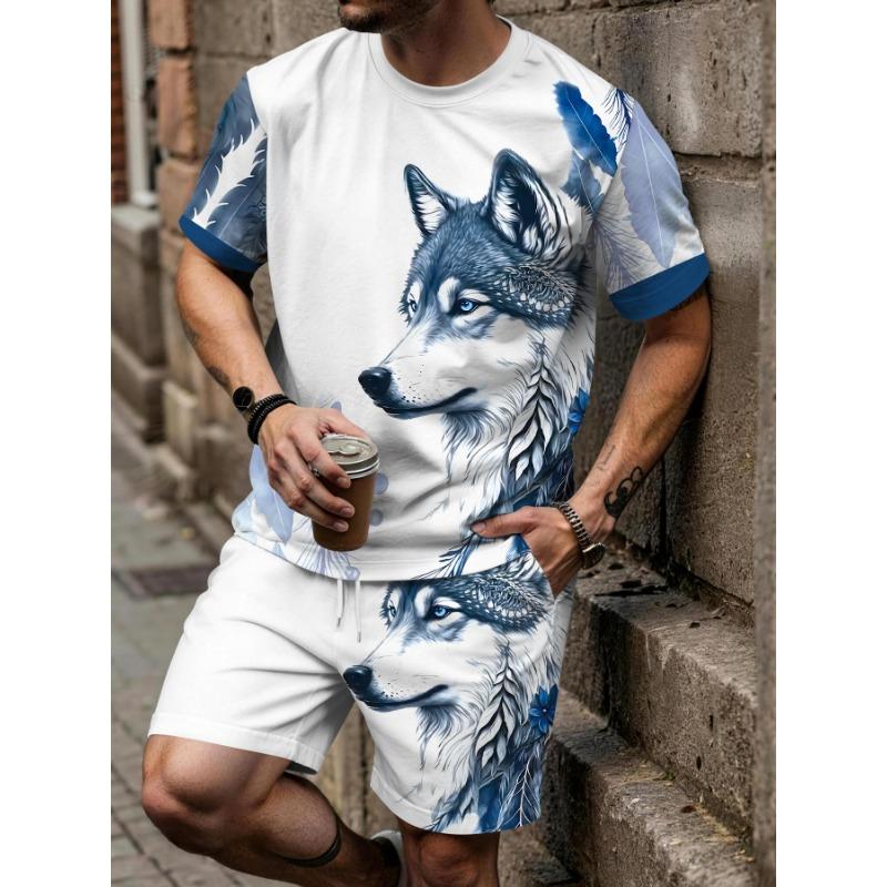 Men's Spring/Summer Casual Short-Sleeve Set, Black and White Ripped Color-Block Print Short-Sleeve Set