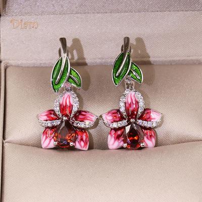 Diamonding Jewelry Chic Women Enamel Leaf Flower Pendant Crystal Stone Inlaid Leverback Earrings