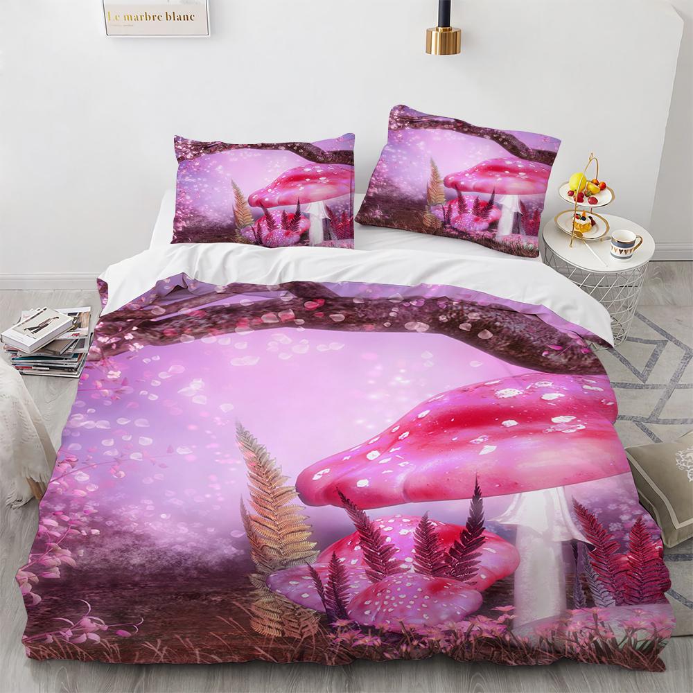 Niedliches Pilzmuster Polyester Bettwäscheset Magisches Pilzhaus King Queen Full Size Bettbezugset Erwachsene Kinder Bettdeckenbezug
