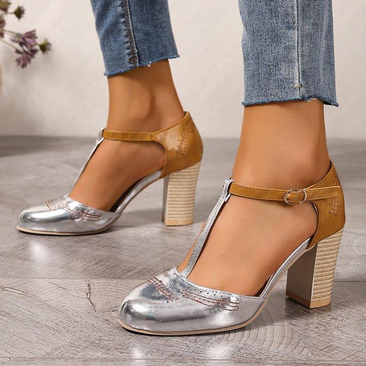 

Large size rubber PU high heel single shoes popular shallow mouth one-word buckle with round head thick heel shoes 43 срібний