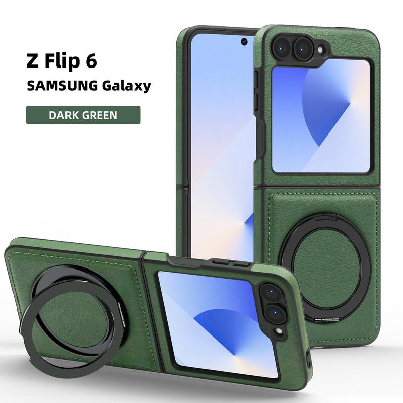 Solid Color Leather Slim 2pcs Folding Phone Case For Samsung Galaxy Z Flip6 Flip5 Flip4 3 Wireless Charge Shockproof Magnetic Metal Stand Back Cover
