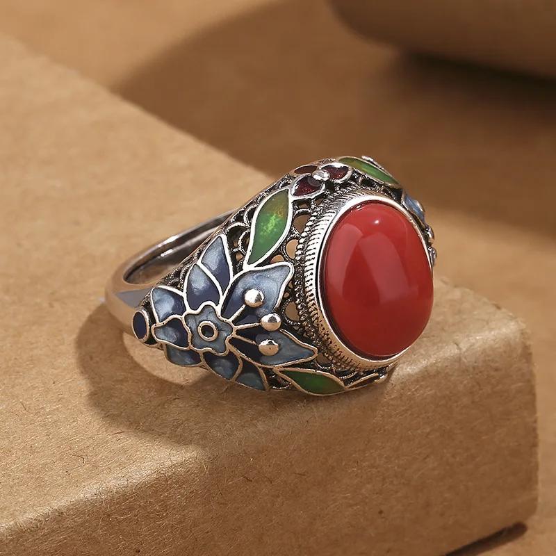 Vintage Ethnic Style Enamel Fired Blue Peony Flower Adjustable Ring for Women  Floral Luxury Party Vacation Jewelry Gifts