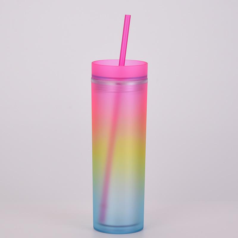 Gradual Change Color Rainbow Color Water Cup Straight Skinny Double Layer Plastic Cup Color Straw Cup