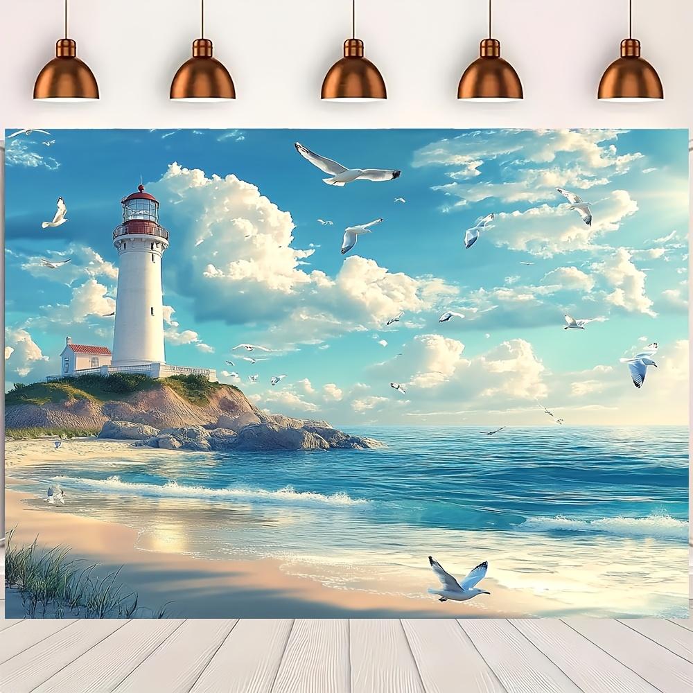 Coastal style lighthouse beach scene background, universal holiday and party photography props