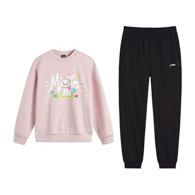Li Ning Cute Everyday Round Neck Versatile Sweatshirt Fleece Long Pants Casual Sports Suit Women Sweatshirt AWDUC52-4+AKLVB40-1