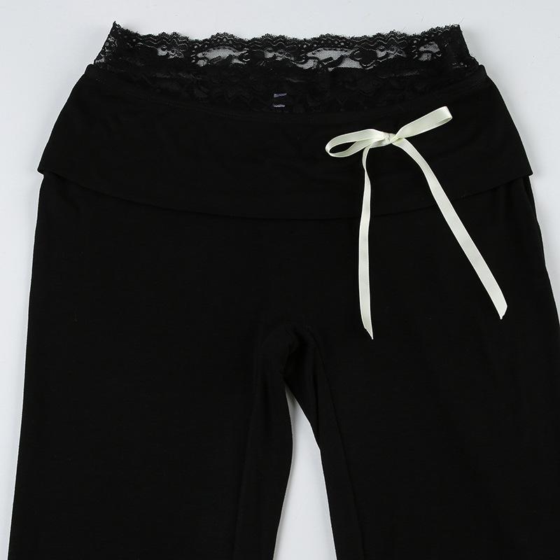 Jarní a podzimní dámské jednobarevné krajkové vsadky šněrovací ležérní rozšířené kalhoty