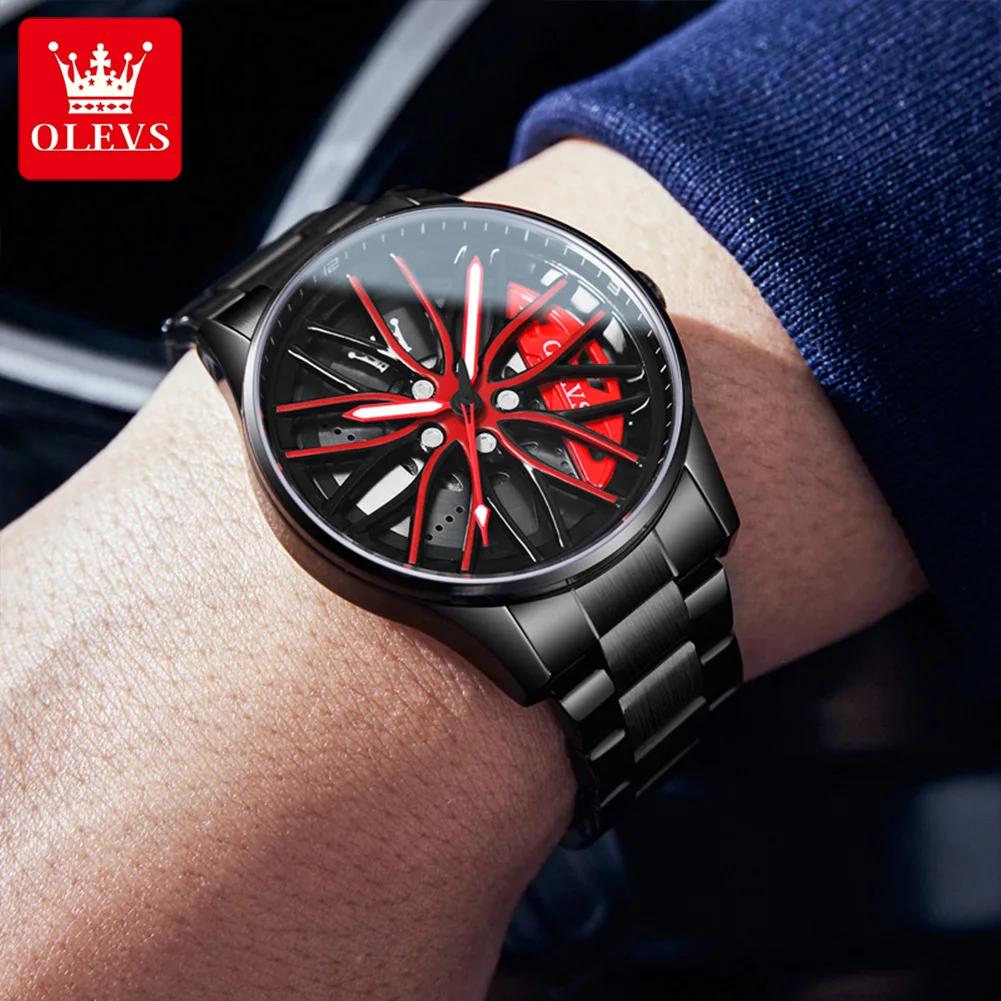OLEVS Creative Wheel Men's Luxury Watch Waterproof Rotary Sport Car Rim Watch Luminous Fashion Quartz Wristwatches