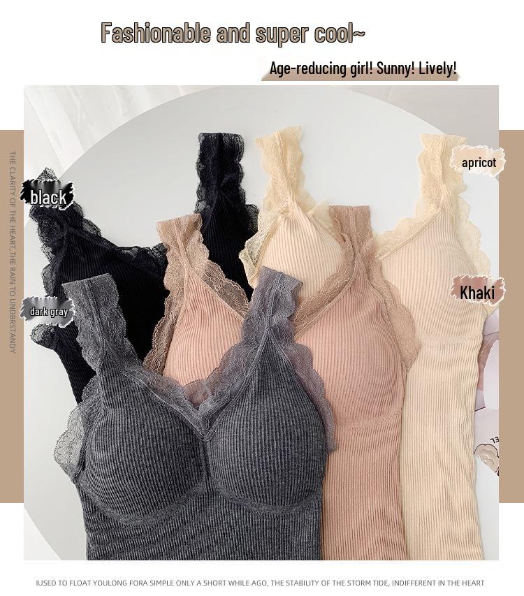 Women's Velvet Lace Camisole: Warm, Anti-Static & Antibacterial with Chest Pads.