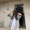 Women's Collarless Short Sleeve Button Up Shirt Loose Fit Vintage Letter Printed Baseball Jacket Top