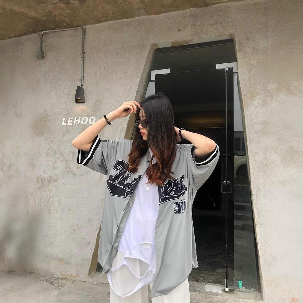 Women's Collarless Short Sleeve Button Up Shirt Loose Fit Vintage Letter Printed Baseball Jacket Top