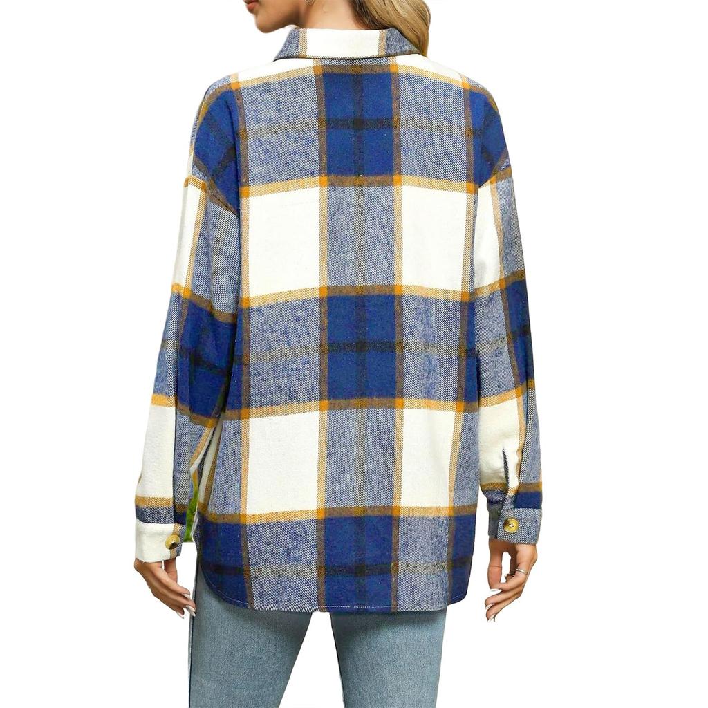 Women's Checkered Button Long Sleeved Loose Casual Shirt Jacket